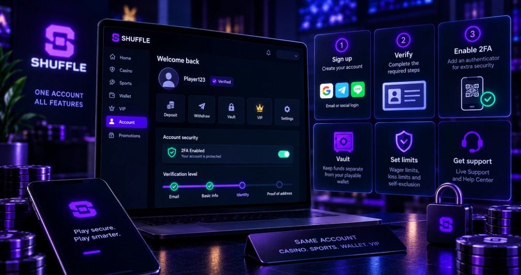 Shuffle account dashboard with 2FA and verification levels