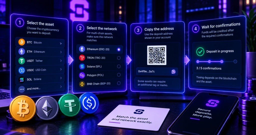 Shuffle deposit steps: asset, network, address and confirmations