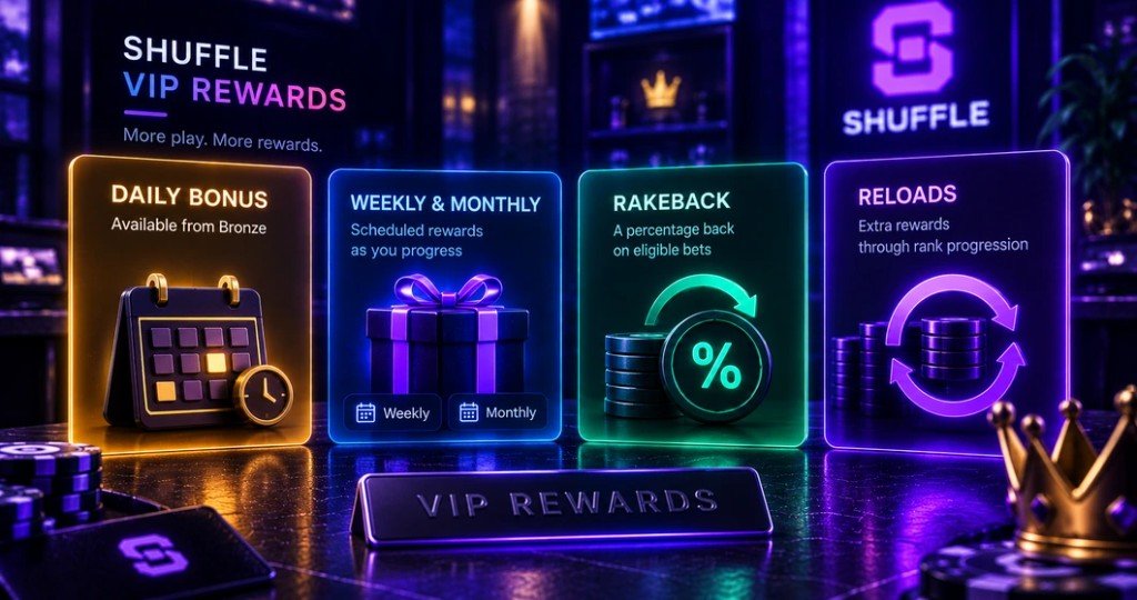 Shuffle VIP daily, weekly, monthly, rakeback and reload rewards